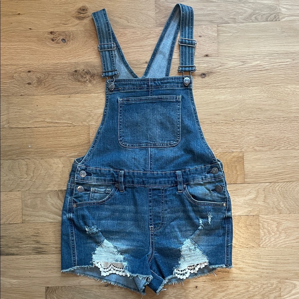 Denim Overall Shorts with Lace Trim